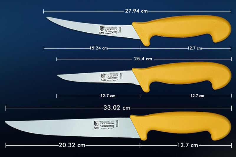 SMI - 3 Stück set Metzgermesser Solingen Fleischmesser Ausbeinmesser Gerade und Gebogen Edelstahl