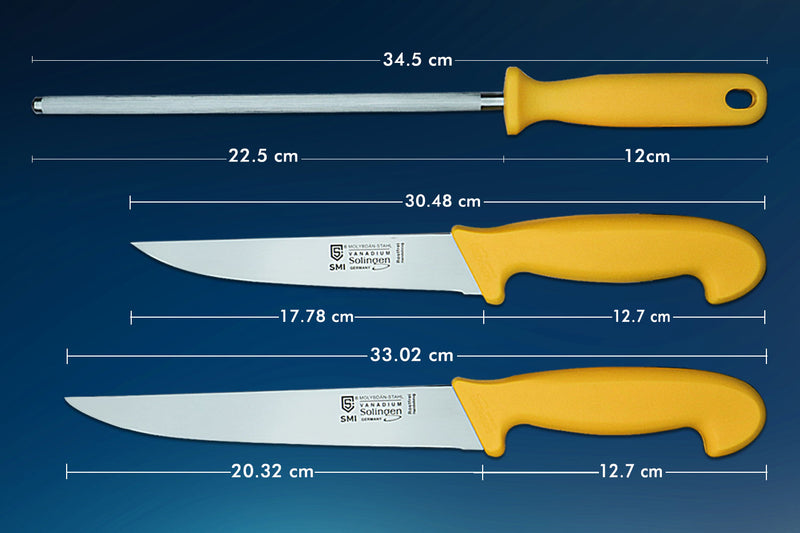 SMI 3 Stück Küchenmesser Set Solingen Metzgermesser Wetzstahl Fleischermesser Kochmesser Edelstahl Schlachtermesser - Made in Germany