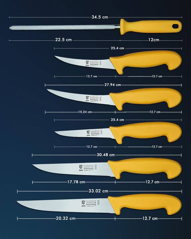 SMI 6 Stück Küchenmesser Set | Solingen Metzgermesser | Kochmesser | Fleischermesser | Wetzstahl Ausbeinmesser |  Edelstahl Schlachtermesser - Made in Germany