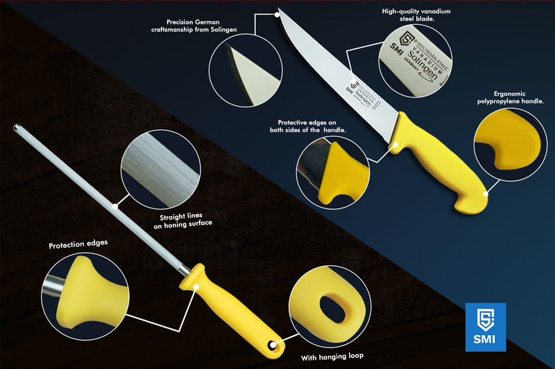 SMI 6 Stück Küchenmesser Set | Solingen Metzgermesser | Kochmesser | Fleischermesser | Wetzstahl Ausbeinmesser |  Edelstahl Schlachtermesser - Made in Germany