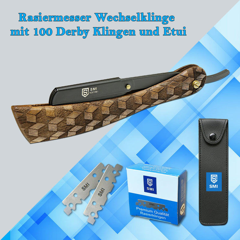 SMI Rasiermesser Herren Holzgriff Rasiermesser mit Wechselklinge Barber Rasierer Bart Rasierer Rasier Messer Bartmesser mit 100 Derby Klingen + Etui - Schwarz