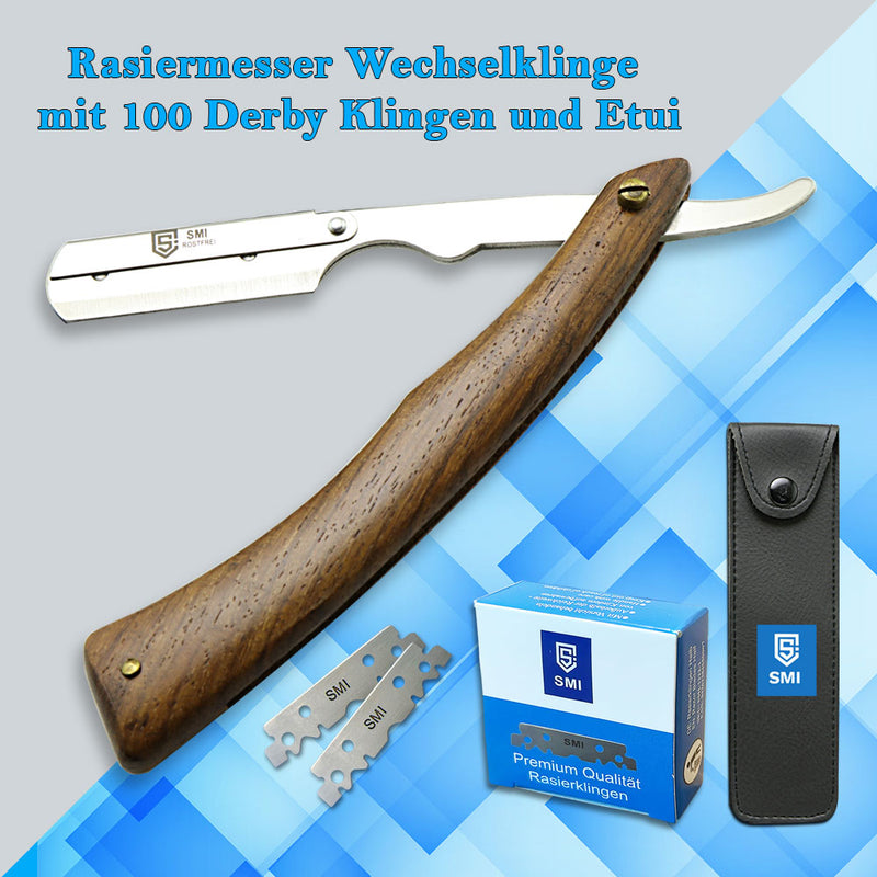 SMI Rasiermesser | Herren Holzgriff Barber Rasierer |  Rasiermesser mit Wechselklinge | Bart Rasierer Rasier Messer | Bartmesser mit 100 Derby Klingen + Etui