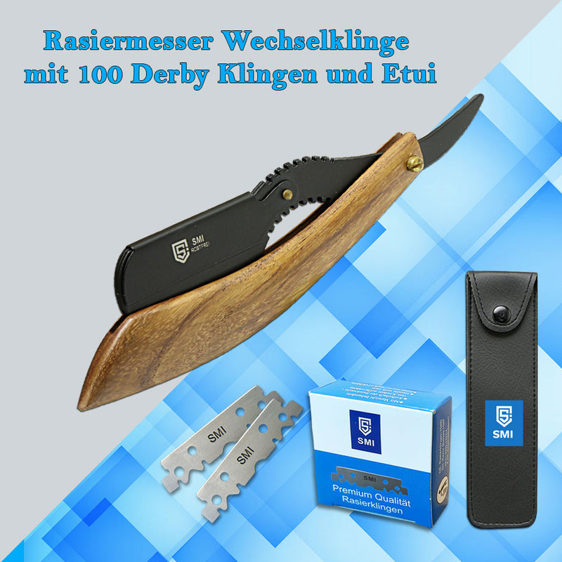 SMI Rasiermesser mit Wechselklinge Holzgriff Rasiermesser Herren Barber Rasierer Bart Rasierer Rasier Messer Bartmesser mit 100 Derby Klingen + Etui - Schwarz