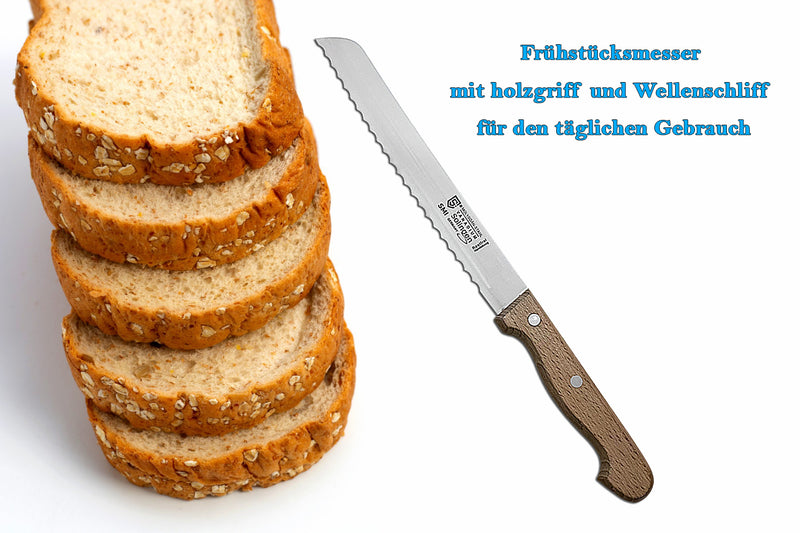 SMI Solingen Brotmesser 20 cm Wellenschliff Brötchenmesser Buchenholz Messer - Made in Germany