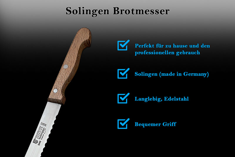 SMI Solingen Brotmesser 20 cm Wellenschliff Brötchenmesser Buchenholz Messer - Made in Germany